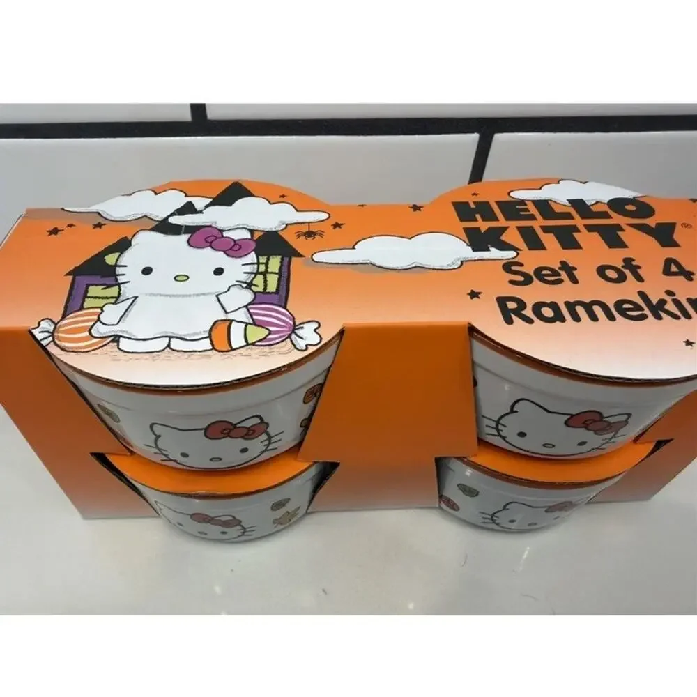 Sanrio Hello Kitty‎ Halloween Fall Leaves Set Of 4 Baking Ramekins White NEW